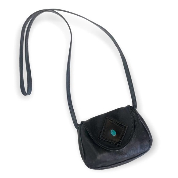 Vintage Handbags - Unbranded Vintage Leather Crossbody Body Bag Black Pebbled Leather Turquoise